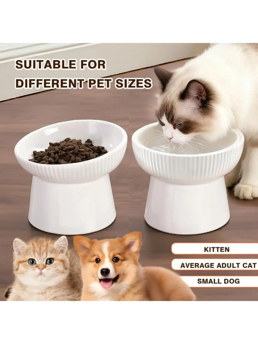 Elevated Ceramic Cat Food & Water Bowls - Anti-Vomiting, Non-Slip, Whisker